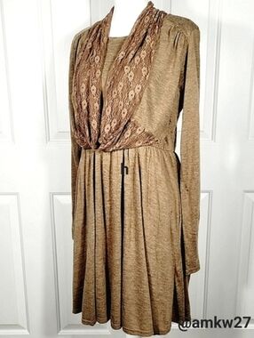 NWT A'reve Long Sleeve Heather Knit Dress Brown Attached Lace Scarf Size Small